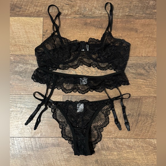SHEIN Other - Shein Black Floral Lace 3 Piece Lingerie Set